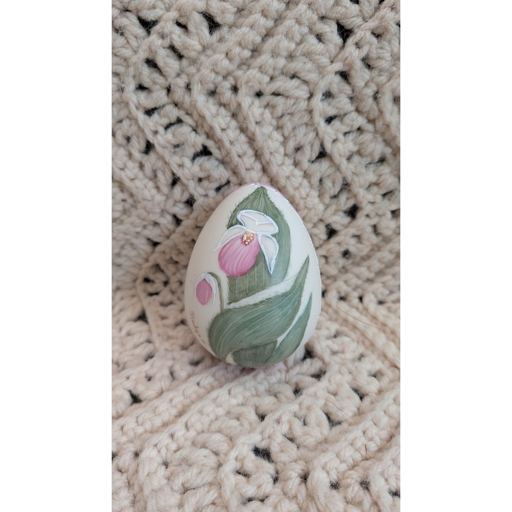 Vintage Hand Painted Ceramic Easter Egg Signed Pink Lady Slipper‎ Orchid Floral